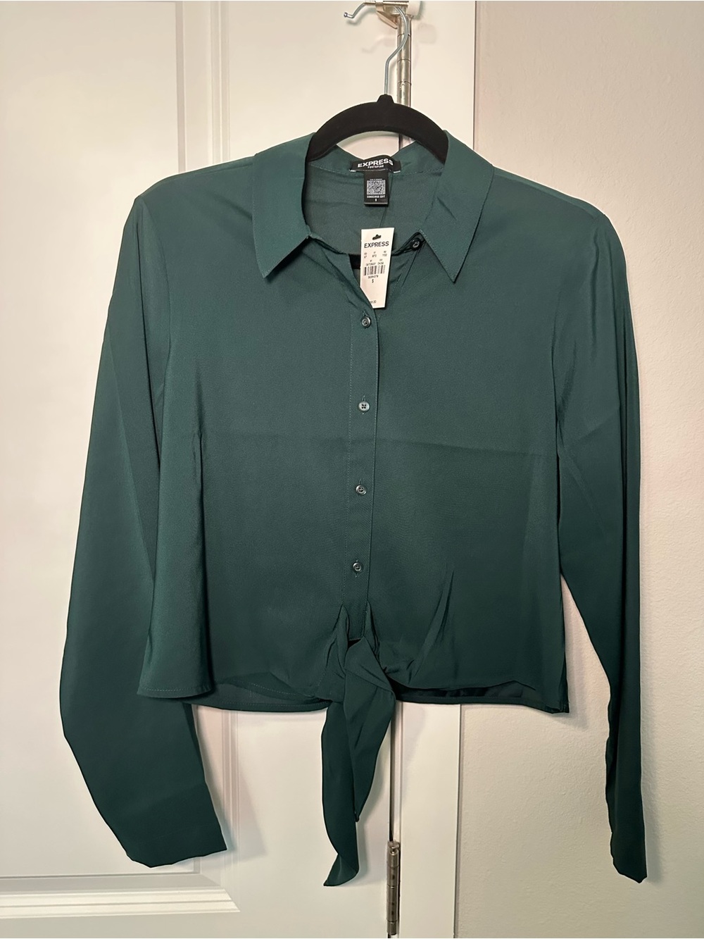 Express Women's Dark Teal Tie-Front Button-Up Shirt